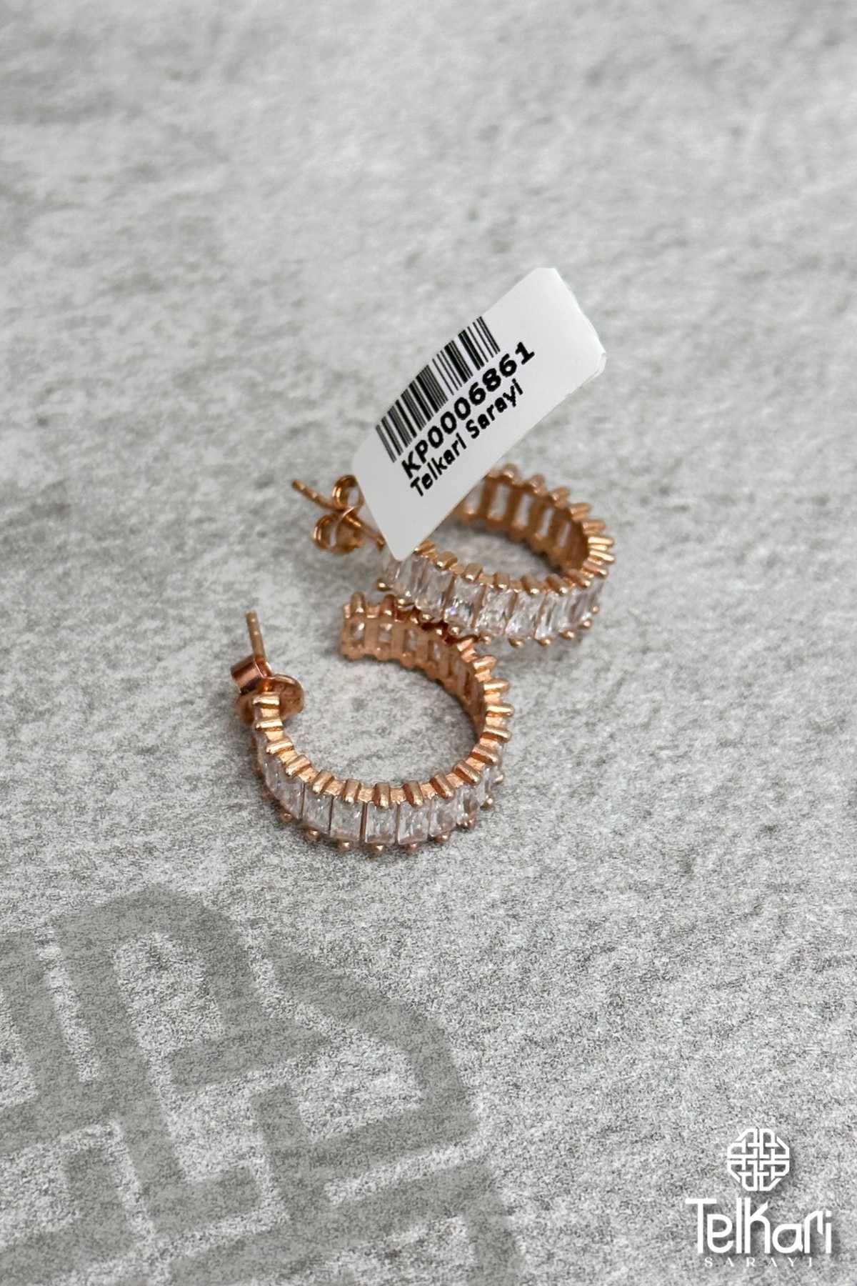 Baget Model Taşlı Halka Rose Kaplama Gümüş Küpe