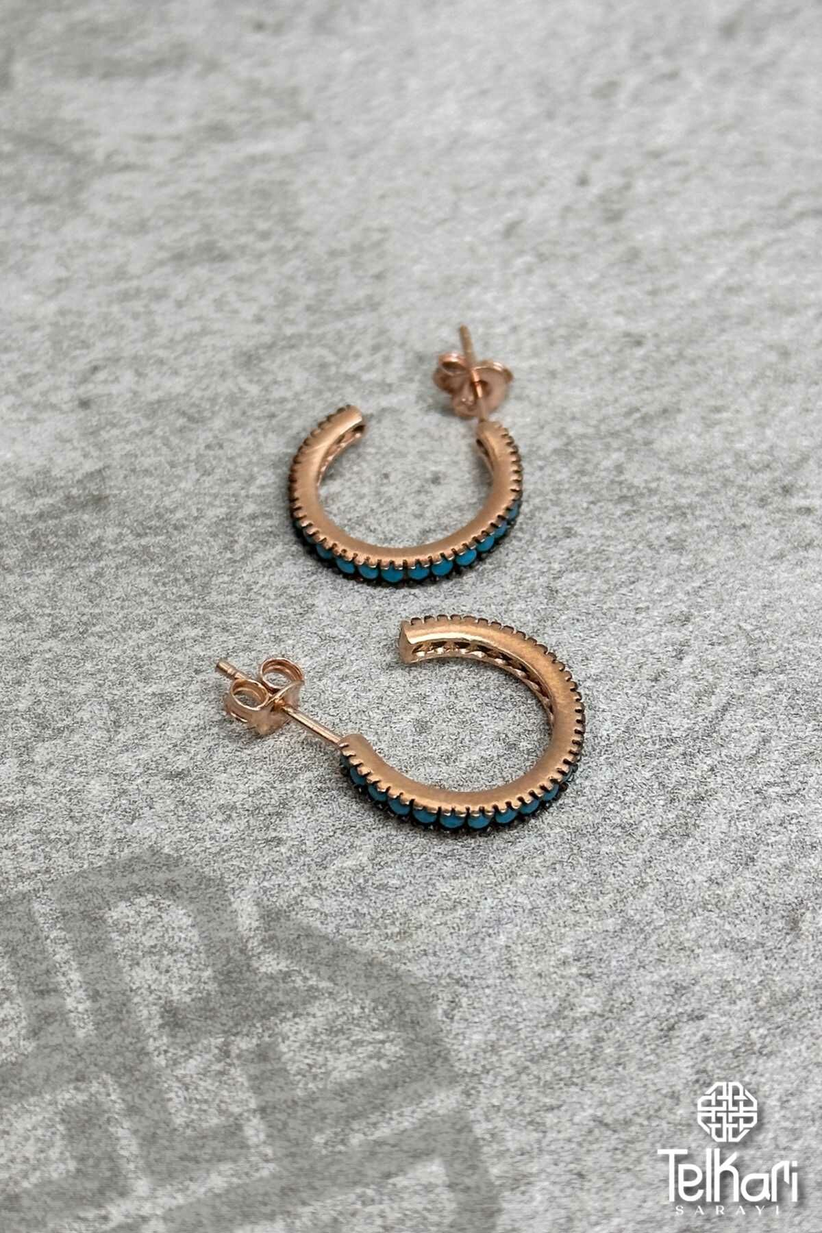 Firuze Taşlı İnce Halka Rose Kaplama Gümüş Küpe