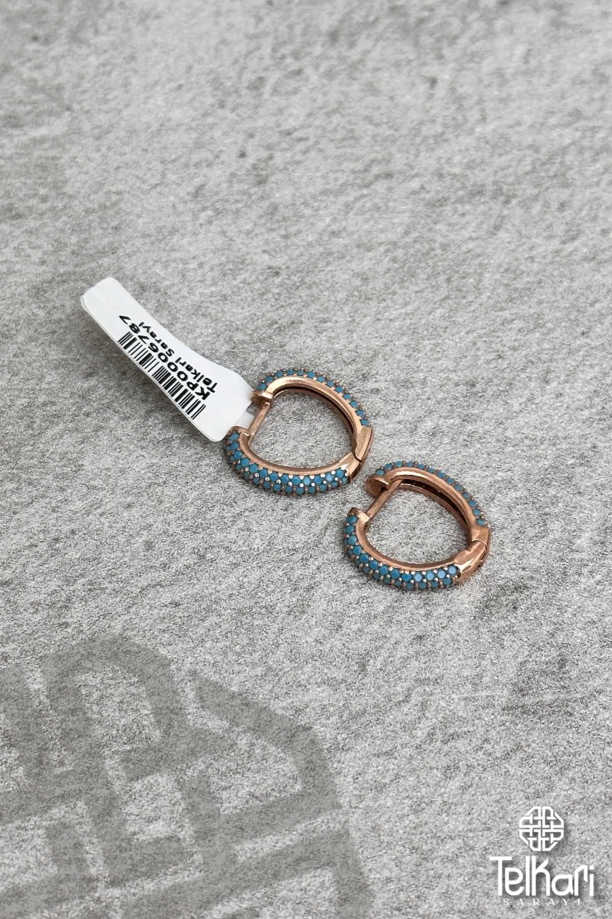 Firuze Taşlı Halka Kalp Rose Kaplama Gümüş Küpe