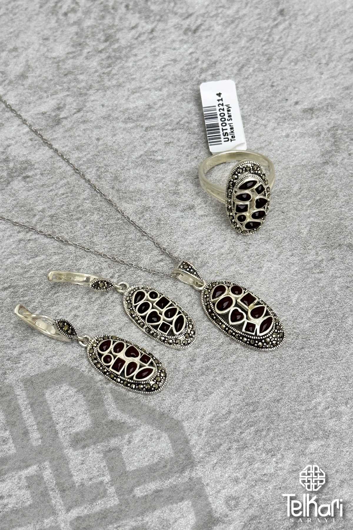 Uzun Oval Model Akik Taşlı Markazit Üçlü Set