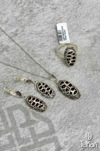 Uzun Oval Model Akik Taşlı Markazit Üçlü Set