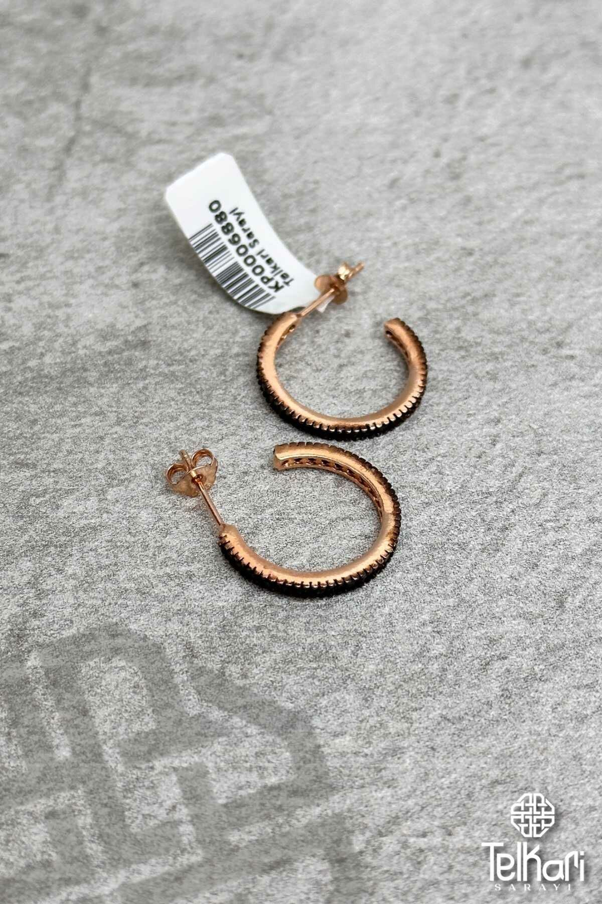 Siyah Taşlı Gösterişli Halka Rose Kaplama Gümüş Küpe