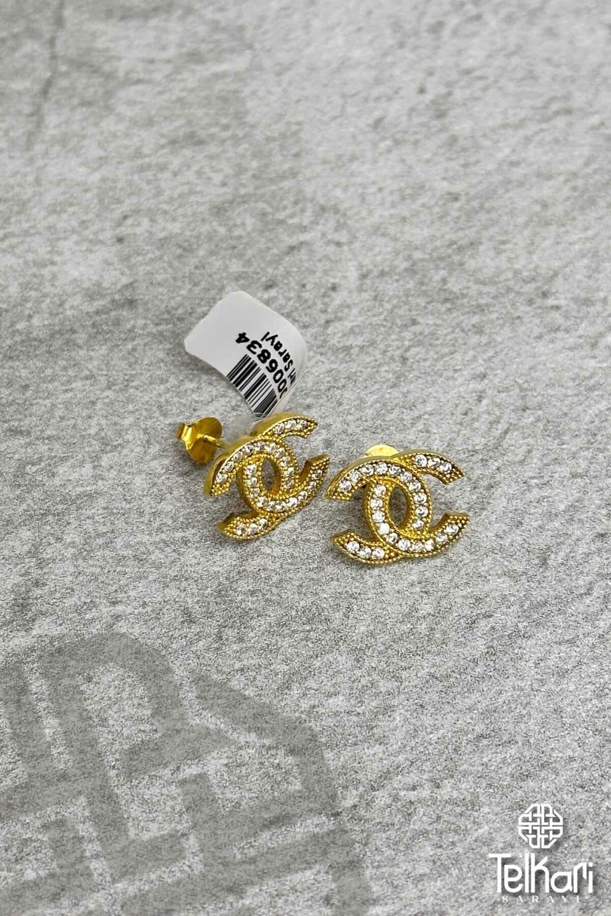 Chanel Taşlı Gold Gümüş Küpe