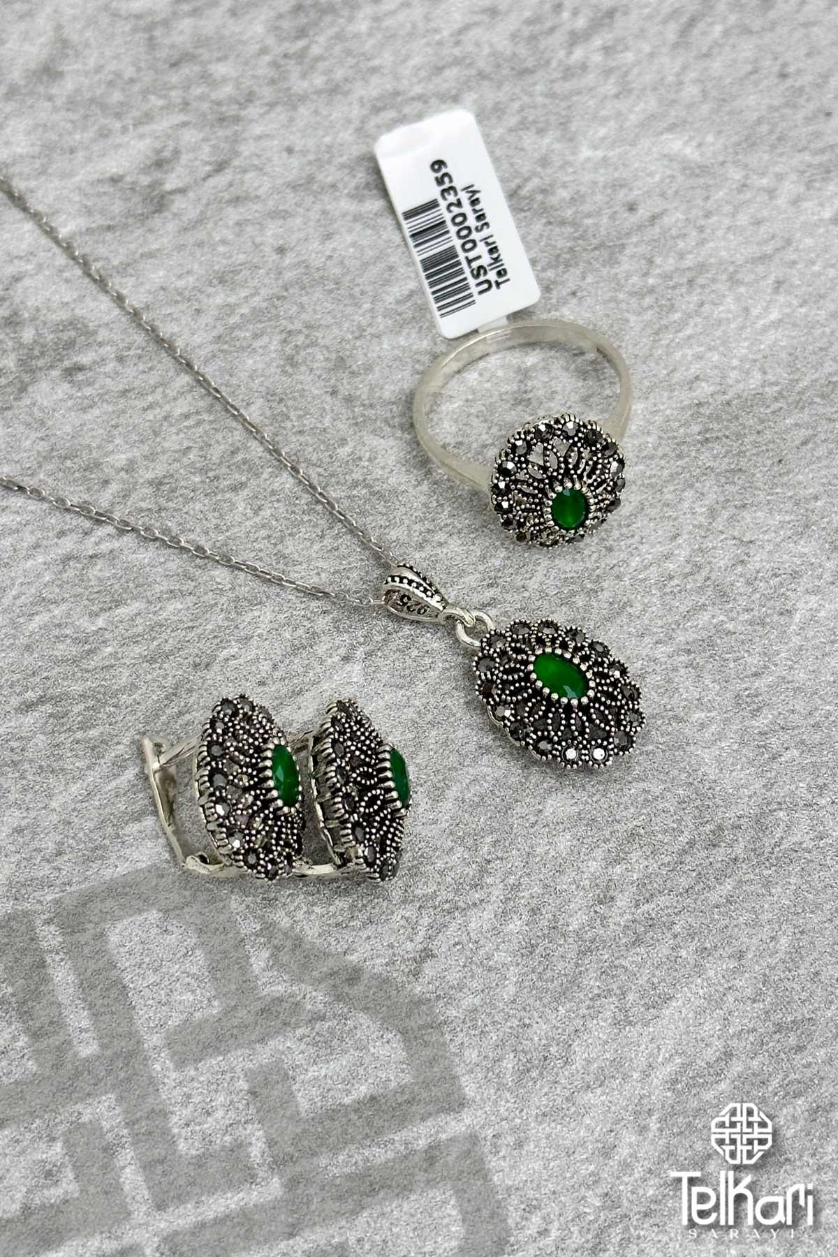 Kök Zümrüt Taşlı Markazit Üçlü Set