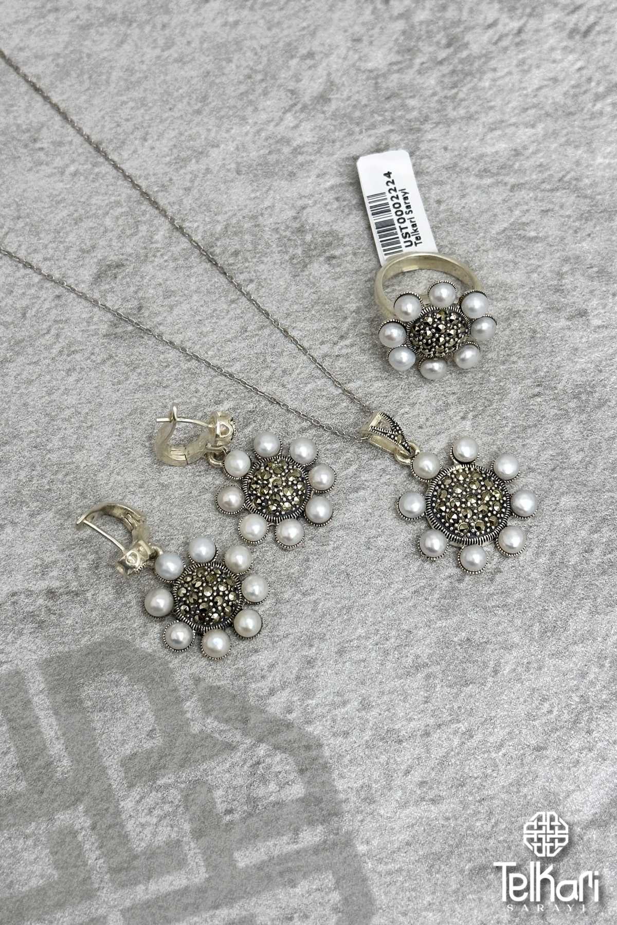 Güneş Model İnci Tanecikli Taşlı Markazit Üçlü Set