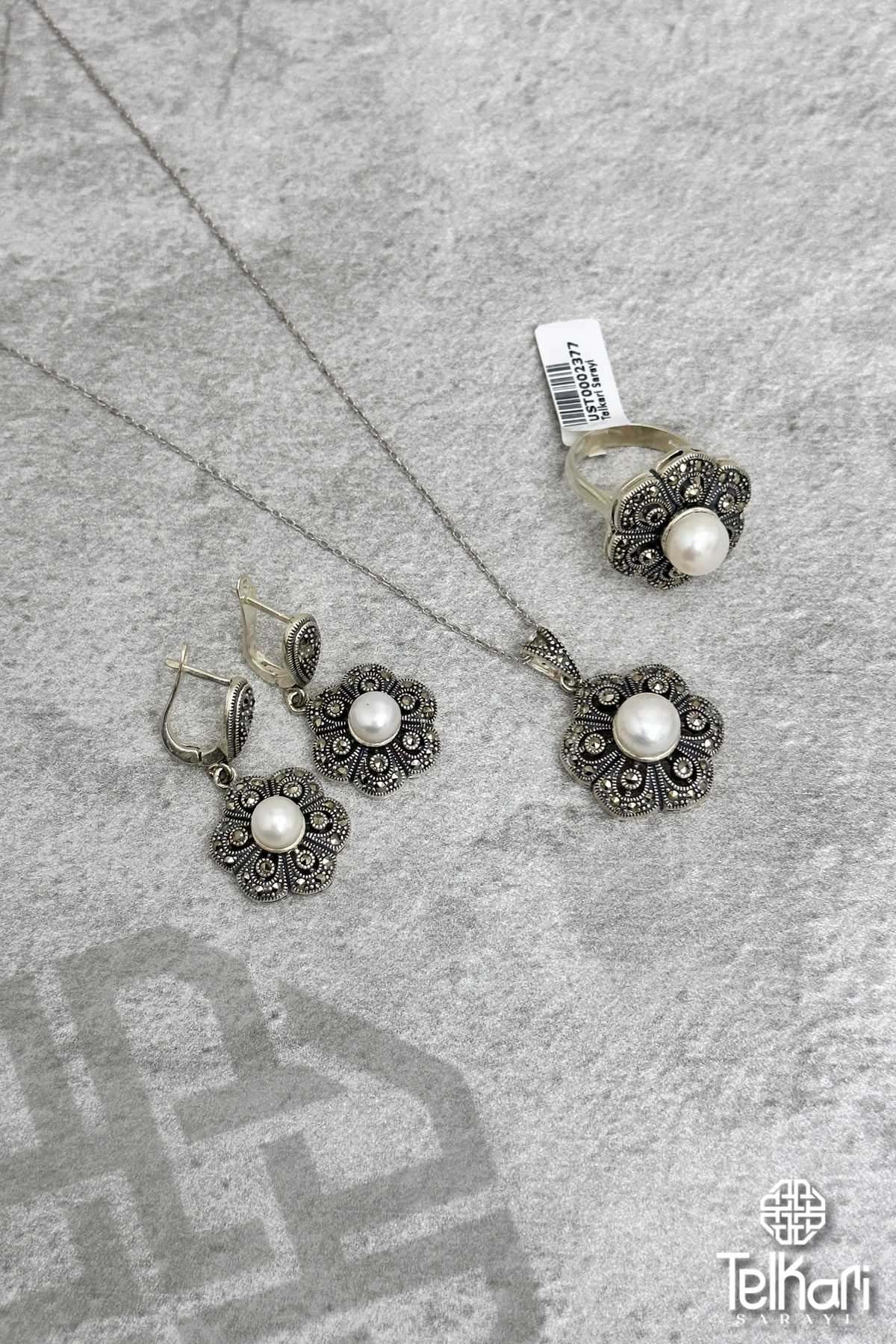 Çiçek Model İnci Tanecikli Markazit Üçlü Set