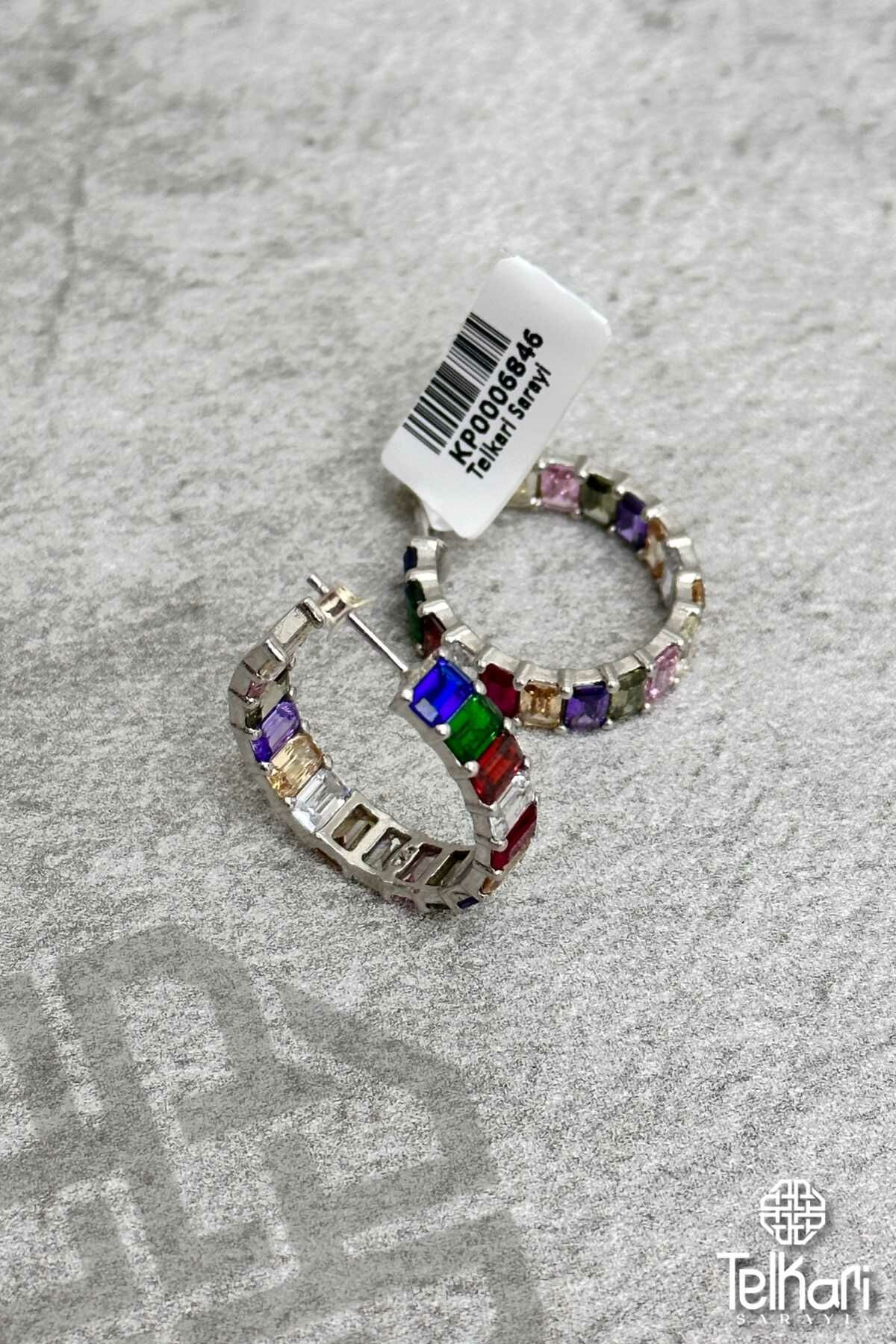 Renkli Taşlı Büyük Boy Halka Gümüş Küpe