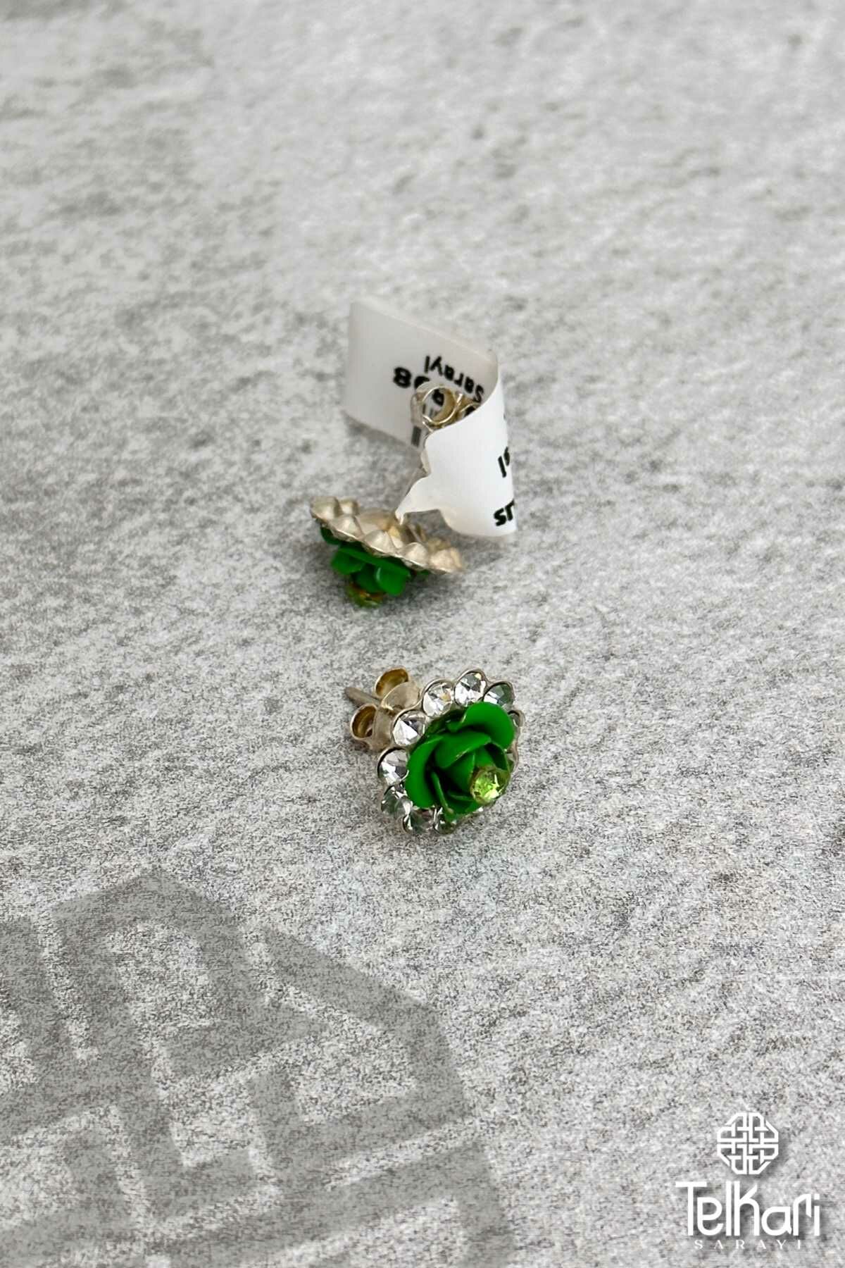 Taşlı Çiçek Model Gümüş Küpe