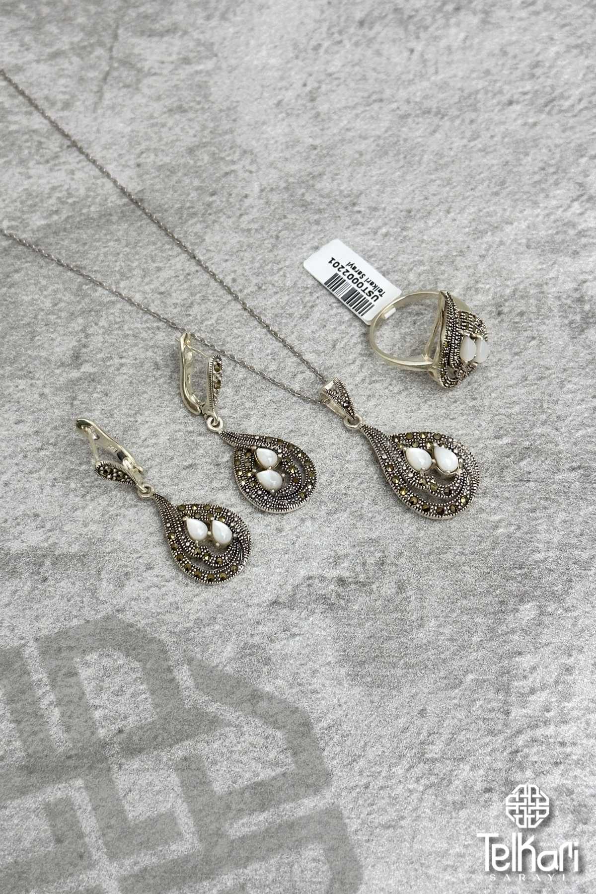 Damla Model Sedef Taşlı Markazit Üçlü Set