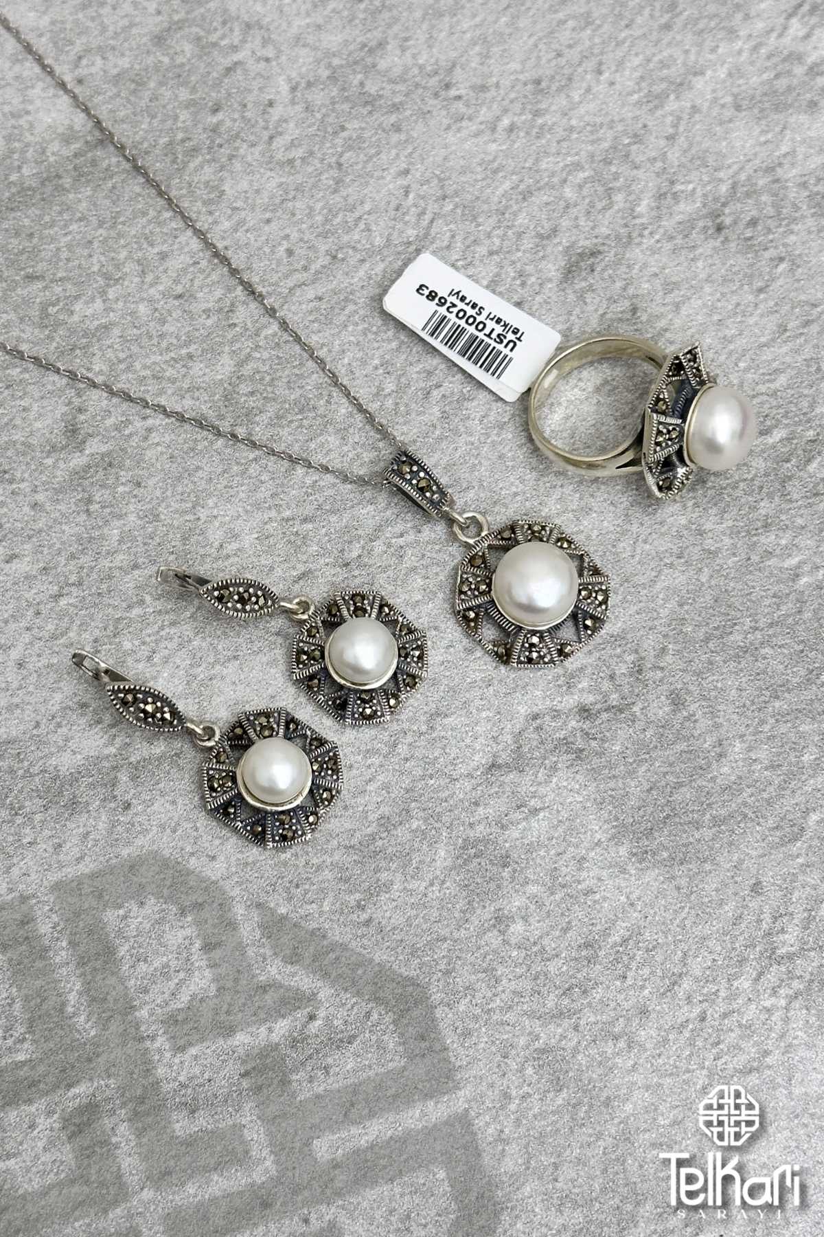 Büyük İnci Tanecikli Taşlı Markazit Üçlü Set