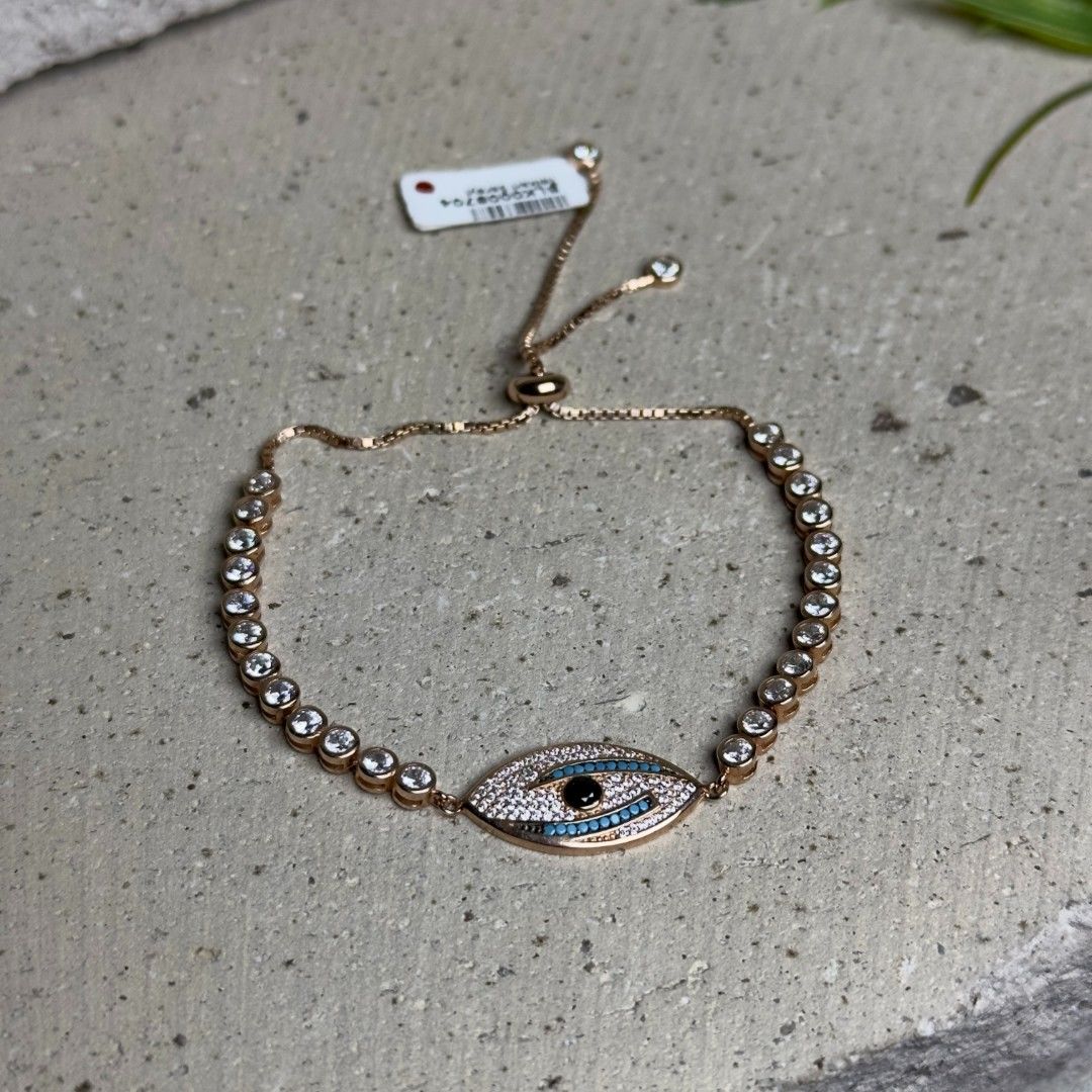 925 Ayar Rose Gümüş Firuze Taşlı Göz Model Ayarlanabilir Kadın Bileklik