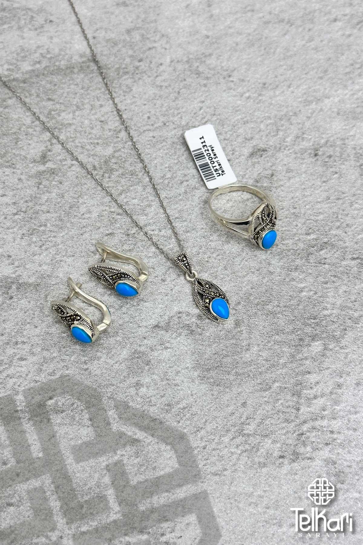 Mekik Damla Model  Firuze Taşlı Markazit Üçlü Set