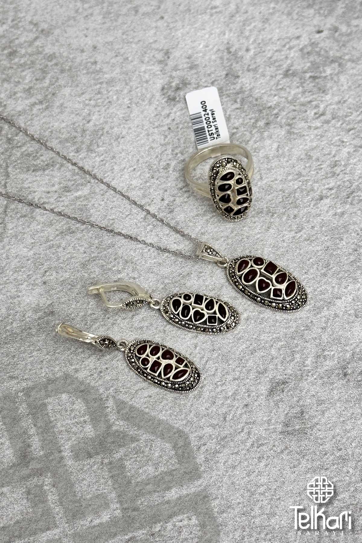 Özel Tasarım Akik Taşlı Markazit Üçlü Set