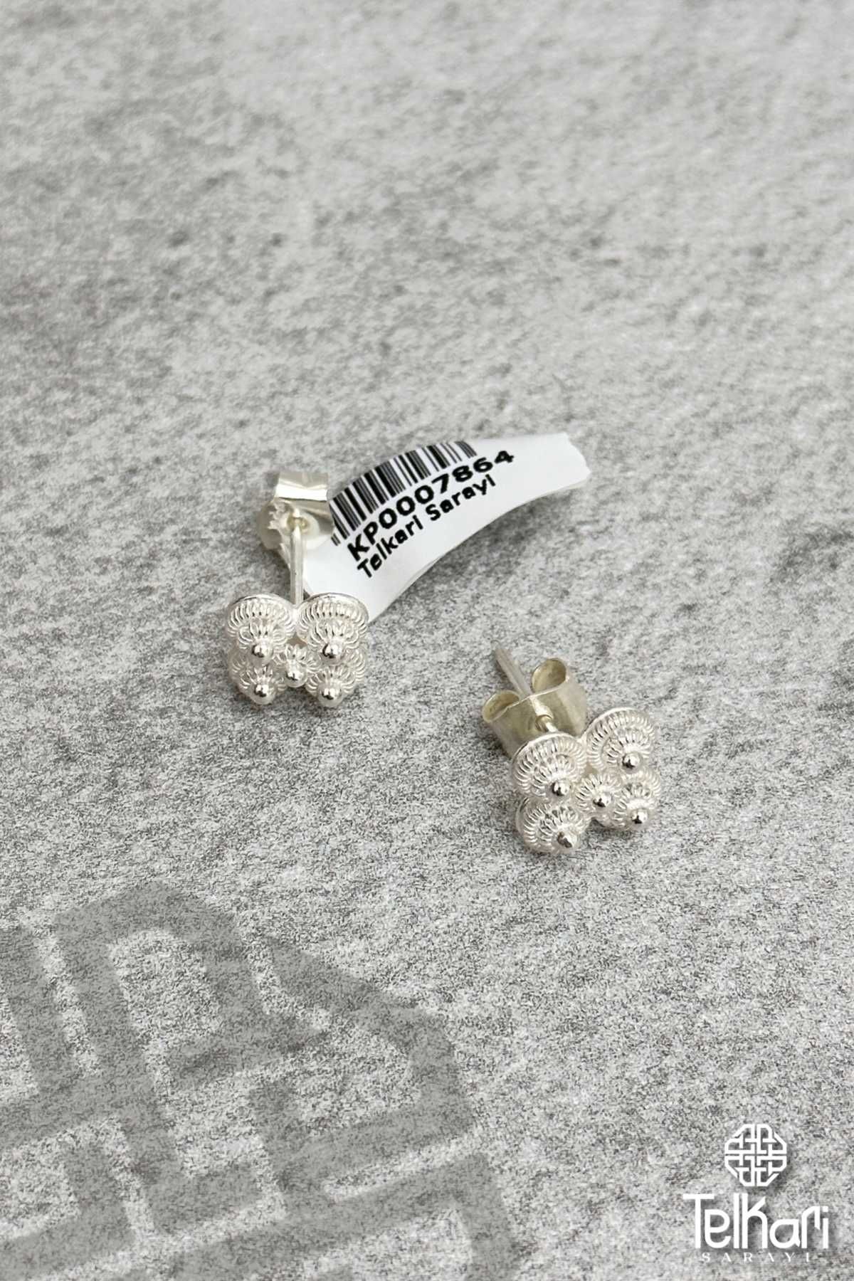 Dört Yapraklı Toplu El İşçilikli Midyat Telkari Gümüş Küpe