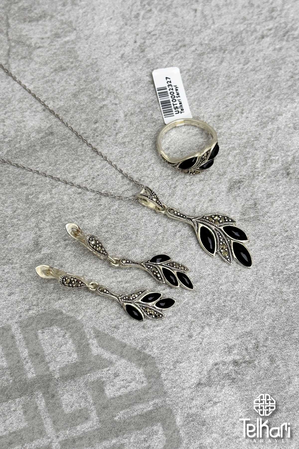 Yaprak Model Taşlı Markazit Üçlü Set