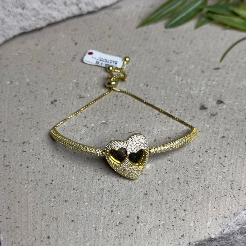 Zirkon Süsleme Gold Renk 925 Ayar Gümüş Kalp Model Asansörlü Kadın Bileklik