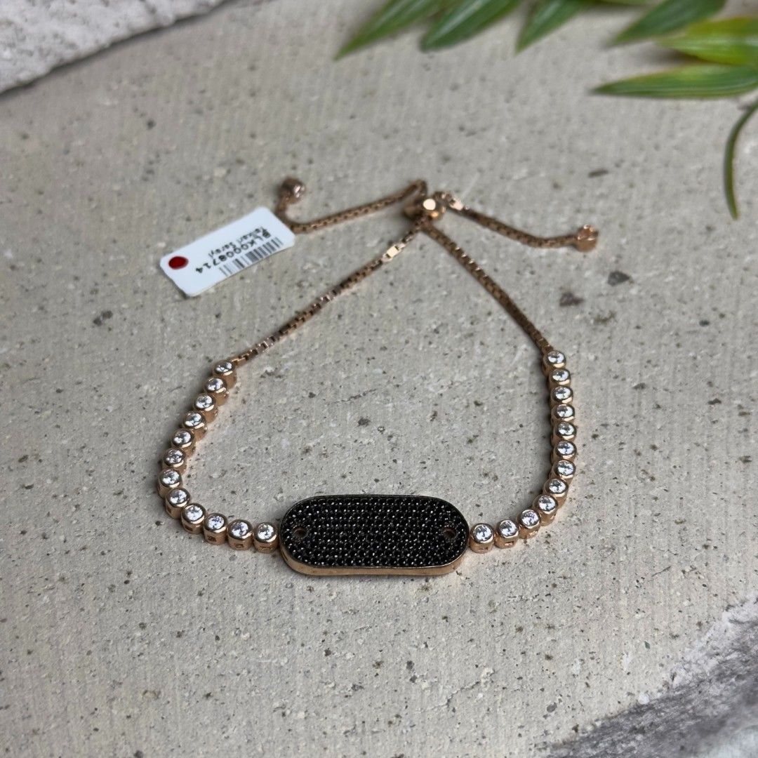 Siyah Taşlı Künye Model 925 Ayar Gümüş Asansör Kadın Bileklik