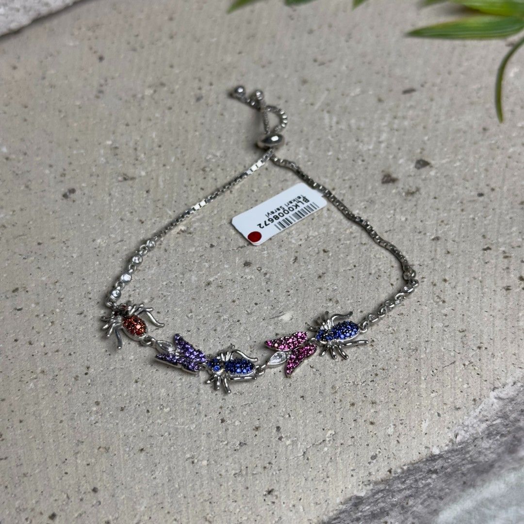 Renkli Taşlı Sıralı Kelebek Örümcek 925 Ayar Gümüş Zarif Asansör Kadın Bileklik