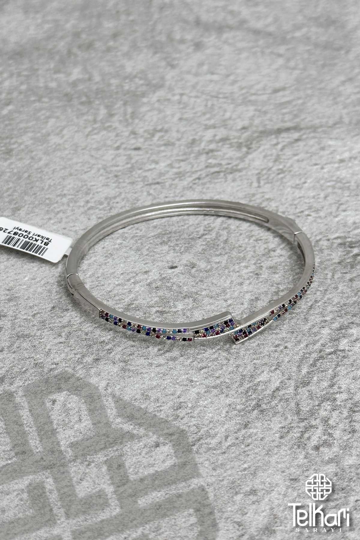 Renkli Taşlı Kelepçe Model Gümüş Bileklik