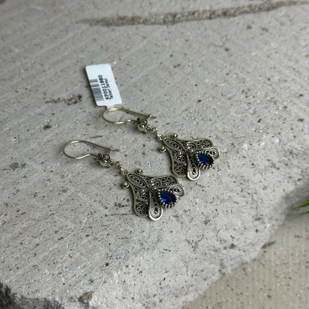 Mavi Safir Taşlı Yöresel Model Otontik 925 Ayar El İşçilikli Telkari Kadın Küpe